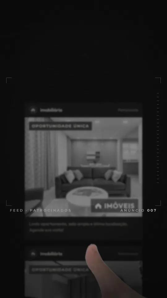 Início do vídeo: um feed de anúncios de imóveis passando no celular.